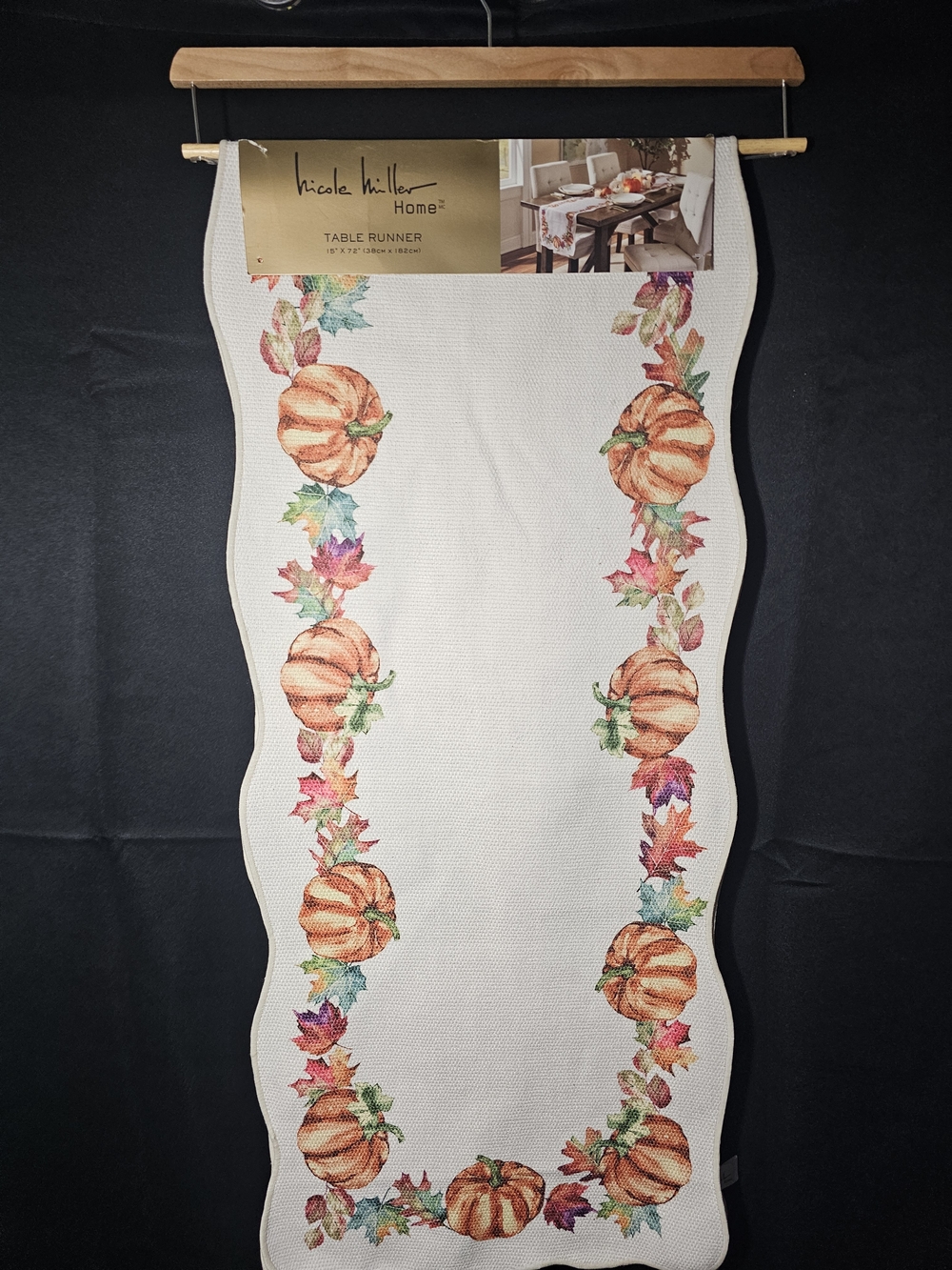 Nicole Miller Cream Table Runner with Orange Pumpkins and Multicolor Leaves